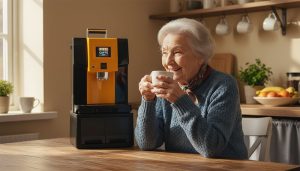 starejša gospa pije kavo od avtomata pitti caffe barista