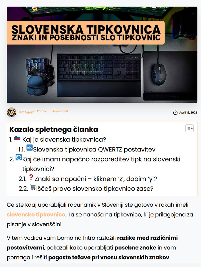 Primer SEO članka na spletni strani PC Agent